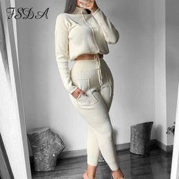 FSDA Two Piece Set 2020 Long Sleeve Crop Top Turtleneck And Pants Autumn Winter Women Set Casual Outfits Sport Suit Y0625