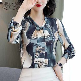 Ladies Early Autumn Print Loose Tops Plus Size Bow Tie Pullover Vintage Blouse Women Elegant Long Sleeve Silk Shirt 12055 210415