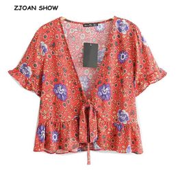 Bohemian Bow Tide Flower Print Kimono Shirt Vintage Woman Ruffle Short Sleeve Cross V-Neck Cardigan Blouse Femme Blusas 210429