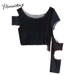 Yitimuceng Irregular T shirts Woman Gauze Hollow Out Skinny Sexy O-Neck Clothes Solid Black Summer Fashion Streetwear 210601
