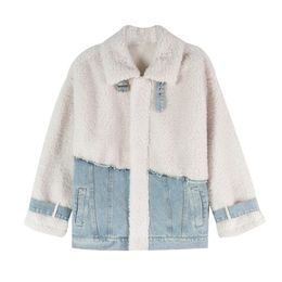 Women Faux Fur Denim Patchwork Coat Outwear Zipper Warm Thick Turn Down Collar Pocket C0382 210514