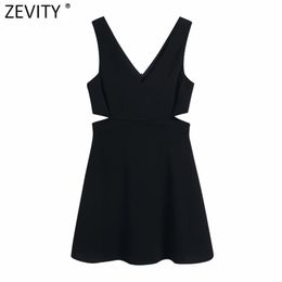 Women Sexy Deep V Neck Side Hollow Out Black Sling Mini Dress Femme Chic Summer Wear Casual Slim Party Vestido DS8113 210420