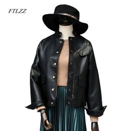 Women Pu Leather Jacket Spring Autumn Casual Long Sleeve Button Loose Coat Fashion Bomber Outerwear 210423