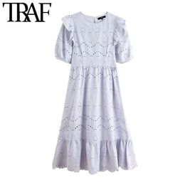 TRAF Women Chic Fashion Hollow Out Embroidery Ruffled Midi Dress Vintage Lantern Sleeve Side Zipper Female Dresses 210415