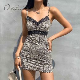 Summer Women Sexy Mini Spaghetti Strap Night Club Wear Black Lace Leopard Print Short Party Dress 210415