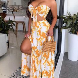 Women Summer Off-Shoulder Polkadot Print Tube Top And Chiffon Split Printing Tie Dye Long Skirt Two Piece Sets 210428