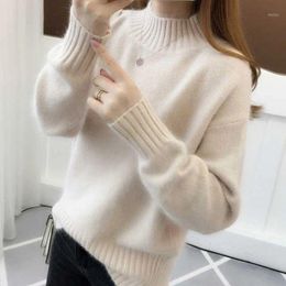 Women's Sweaters 2021 Fall/winter Pullover Half High Neck Solid Bottoming Knitting Fluffy Sweater Long-sleeved Basic Ladies Tops