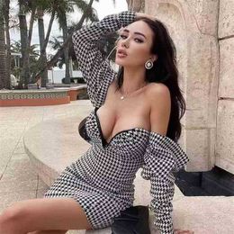 Women's Fashion Houndstooth Pattern Design Sexy Puff Sleeve Off Shoulder Hanging Celebrity Party Club Mini Dress 210525