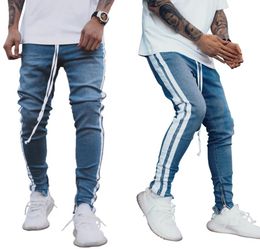 -Jeans de los jeans para hombres de la calle Men Casual Slim Fit Pantalones de mezclilla Puntos de blanqueo recto Pantalones Wieh Strip