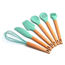 Style Kitchenware Fresh Appearance Cooking Spoon Shovel Eggbeater Scraper Brush Wooden Handle Anti-scalding Design 210423