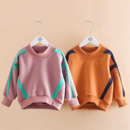 Autumn Winter Warm 2-9 10 Years Gift Long Sleeve Plus Velvet Thickening Kids Baby Girls Christmas Loose Stripe Sweatshirt 211029