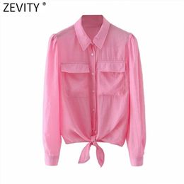 Women Fashion Solid Color Hem Bow Tied Casual Smock Blouse Female Puff Sleeve Pocket Shirt Roupas Chic Blusas Tops LS9162 210420
