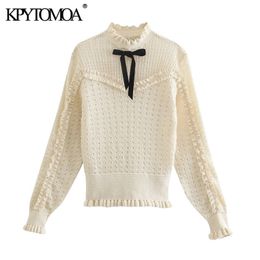 Women Fashion With Bow Ruffled Trims Knitted Sweater O Neck Long Sleeve Female Pullovers Chic Tops 210420