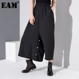 [EAM] High Elastic Waist Black Button Wide Leg Long Trousers Loose Fit Pants Women Fashion Spring Autumn Y91801 210512