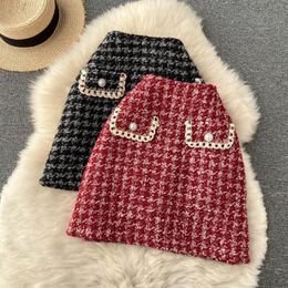 Skirts Pinkou Women Sweet Tweed Mini Zipper With Under Shorts Black Red Elegant Autumn Winter BA112