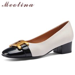 Meotina Med Heels Natural Genuine Leather Women Shoes Dress Metal Decoration Pumps Chunky Heel Ladies Footwear Spring White 40 210608