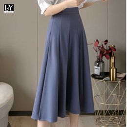 LY VAREY LIN Spring Summer Women Casual Solid Color Ruffles Black Medium Long Skirts Female High Waist A-line Skirt 210526