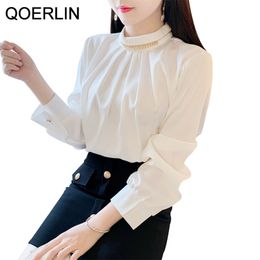 OL Style Ladies Temperament Beaded Solid White Shirt Top Korean Fashion Stand Collar Long Sleeve Workwear Blouse Plus 210601
