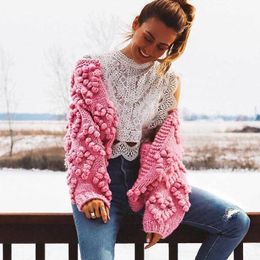 INSPIRED Cardigan Pompon Hand Knit cardigan women pink long sleeve knit top women heart shape pattern women sweaters 210412