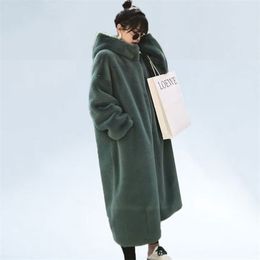 Oversize Hooded Faux Fur Coat Winter jacket Women Fashion Long Parka Thick Warm winter coat women Female Loose Faux Fur jackets 211019