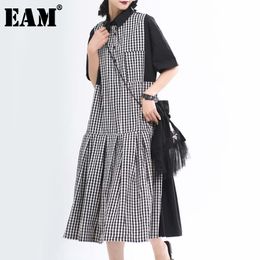 [EAM] Women Black Plaid Split Big Size Dress Lapel Short Sleeve Loose Fit Fashion Spring Summer 1T655 21512