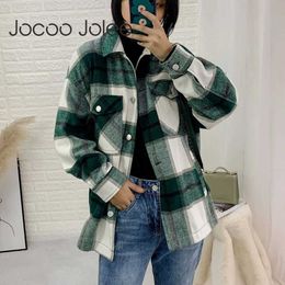 Jocoo Jolee Vintage Stylish Pockets Oversized Plaid Jacket Coat Women Fashion Lapel Collar Long Sleeve Loose Outerwear Chic Tops 210619