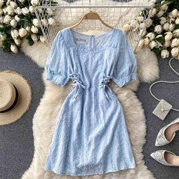 Summer Women Short Sleeve Hollow Out Lace-up A Line Dress Ladies Sweet Mini Dresses 210428