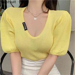 Summer V-neck Knitted Pullover Women Short Sleeve Korean Sexy Sweater Tops Solid Fashion Female Jumpers 210513