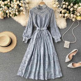 Spring Autumn Women Lace Party Long Sleeve Hollow Out Belted Elegant Tunic Vacation Midi Dress 210415