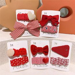 New Korean Children's Dot Plaid Love BB Clip Sweet Girl Fashion Festive Red Velvet Fabric Bow Duckbill Clip Hair Accessories