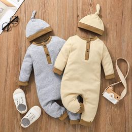 Baby Jumpsuits with Hat Fall 2021 Kids Boutique Clothing 0-18m Newborn Infant Toddlers Cotton Long Sleeves Bodysuits Crawl Clothes