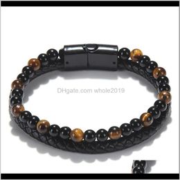 Beaded, Strands Bracelets Drop Delivery 2021 Fashion Mens Jewellery Pu Leather Black Magnetic Button Tiger Eye Bracelet Eyo6L