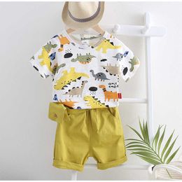 Summer Fashion 2 3 4 5 6 7 8 10 12Years Cartoon Animal Print T-Shirt + Shorts Handsome 2 Pcs Cotton Sets For Kids Baby Boys 210529