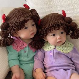 Cute Baby Kids Girls Hat Hair Pigtail Wig Cap Autumn Winter Knitted Children Infant Hats Caps Accessories Pography Props 210713