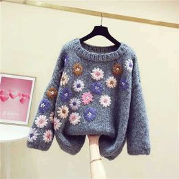 Sueters Mujer Autumn Fashion Retro O Neck Embroidery Flowers Sweaters Mujer Loose Chic Appliques Floral Knitted Shirts Tops Pull 210610