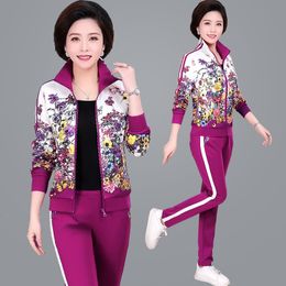 6XL Women Sport Suit Sportswear Spring Autumn Casual Jogger Running Workout Outfit Set Flower Print Tracksuits Set Plus Size 189 X0428