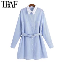 Women Chic Fashion With Belt Loose Striped Mini Dress Vintage Long Sleeve Button-up Female Dresses Vestidos Mujer 210507