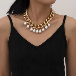 Punk Imitation Pearl Pendant Necklace Curb Cuban Thick Link Chain Necklaces Choker For Women Girls Jewelry Gifts Charm