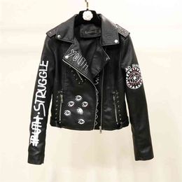 Women Biker Jackets Faux Leather Print Coats Lady Black Rivet Motorcycle Jacket Streetwear Zipper UP Epaulette Outwear 210430