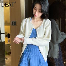 Spring And Summer Fashion Casual Woollen Round Neck Pearl Rimmed Short Long Sleeve Knitted Coat Women SH796 210421