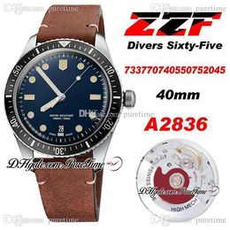 ZZF Diver Sixty-Five A2836 Automatic Mens Watch 2021 Blue Dial Brown Leather Strap With White Line Watches Super Edition 733 7707 4055-07 5 20 45 ETA Puretime