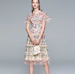 summer Runway Design Floral Embroidery Dress Female Vestidos Vintage Lace Patchwork Mesh Knee-length Vestido 210531
