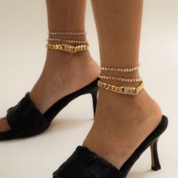 Anklets Trendy Multilayered Crystal Set for Women Girls Gold Thick Chain Anklet Foot Ankle Bracelet Leg Jewelry