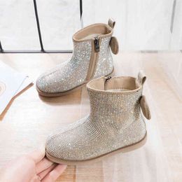 Girls Rhinestone Cystal Boots Short Sparkle Glitter Shiny Shoes Party Khaki Shoes for Winter Christmas New Years Gift Shoes G1210