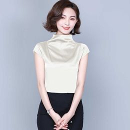Fashion Women's Silk Bottoming Shirt Short-sleeved Half-high Collar Ruched blouse tops ladie 210604