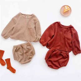 Spring Children's Baby Boys Girls Pure Color Long Sleeve T-Shirt + Shorts Clothing Sets Kids Boy Girl Suit Clothes 210521