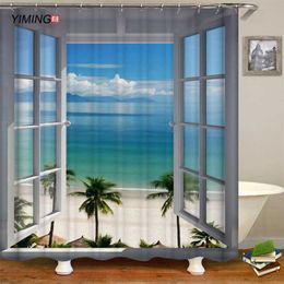 3D beach window opening beach landscape printing bathroom curtain polyester water-bathable shower curtain waterproof and mildew 211116