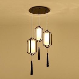 Pendant Lamps Chinese Cloth Lamp 3 Heads Droplight Dining Room Kichen Chandelier Long Bar Lightting Design Table Light Fixture