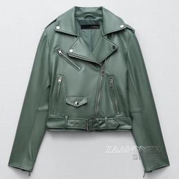 Spring Autumn Women Fashion Blue Black Faux Leather Jacket Female Casual Lapel Zipper With Belt Biker Coat