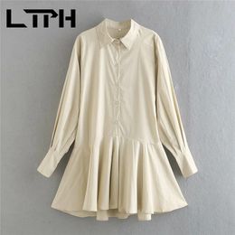 Casual vintage shirt dress women Lantern sleeve loose Single Breasted A-Line Solid elegant dresses Spring Autumn 210427